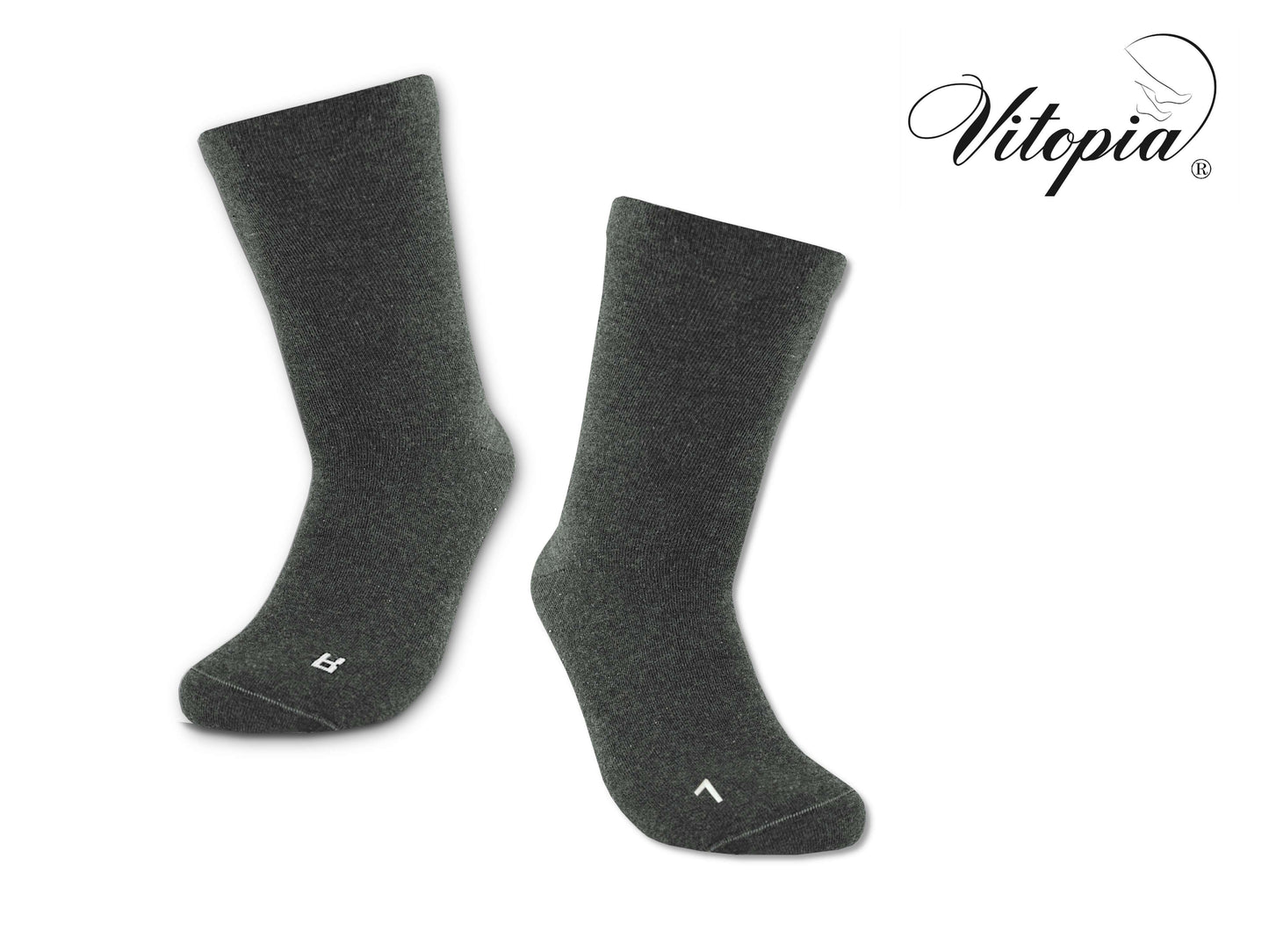 Dunkelgraue Socken von Vitopia, Schaft extra weit in Trichterform zum Überziehen über Gips oder Prothese.
